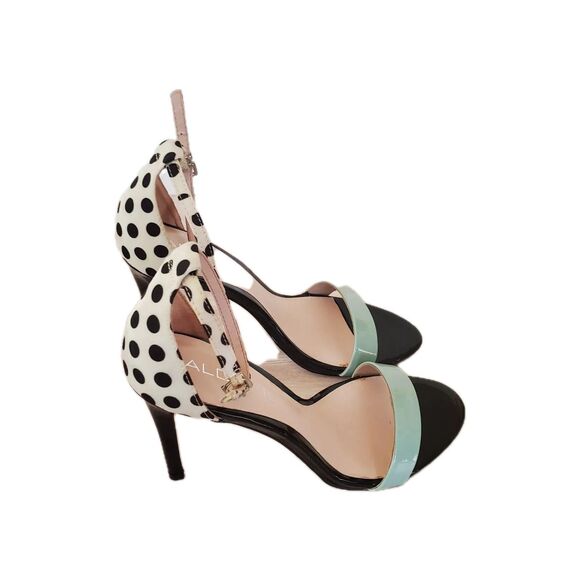 Aldo Dress Sandal Women 8.5 High Heeled Patent Leather Ankle Strap Polka Dot Fun - Picture 1 of 11